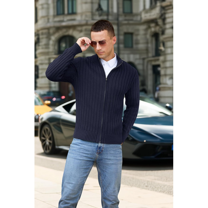 Чоловічий в'язаний кардиган NITAGUT з блискавкою, теплий, зимовий, вінтажний, довгий рукав, синій Navy Blue