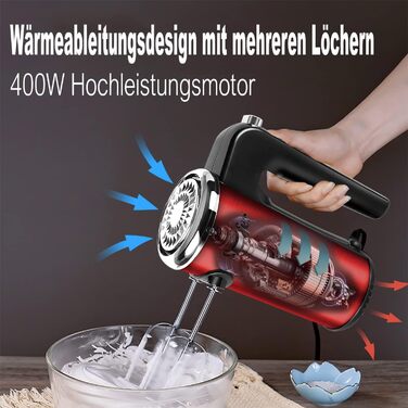 Ручний міксер Sonifer 400W з нержавіючої сталі, 5 швидкостей, Turbo-режим, тихий мотор, з набором аксесуарів (2 вінчики, 2 гаки, підставка), червоний