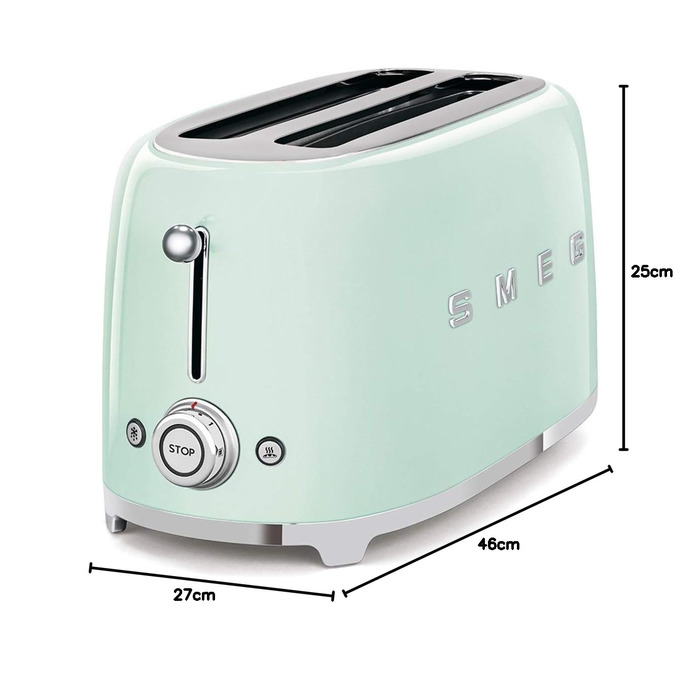 Тостер Smeg TSF02PBEU - 2 відділення для 4 скибочки хліба, 6 рівнів підсмажування, функція підігріву, розморожування та Bagel, знімний піддон, 1500W, пастельно-блакитний (пастельно-зелений)