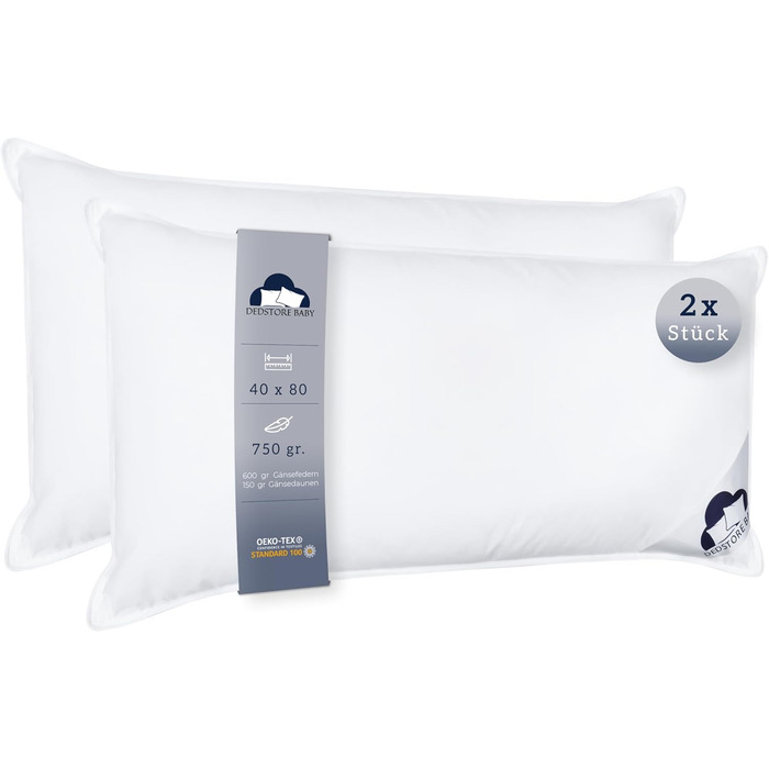 Dedstore-Baby 2-Pack Down Feather Pillows - 3-Chamber Head Pillows 40x80 cm - Goose Down Bed Pillows - Cotton Cover - Night Pillows, Sleeping Pillows, 750g Filling per Pillow, Öko-Tex Certified