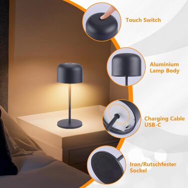 Акумуляторний LED настільний світильник Klighten з димером, чорний (2 шт.). Водонепроникний IP54, USB-C, 3 кольори світла (3000K-6000K), алюмінієвий, 21 см.