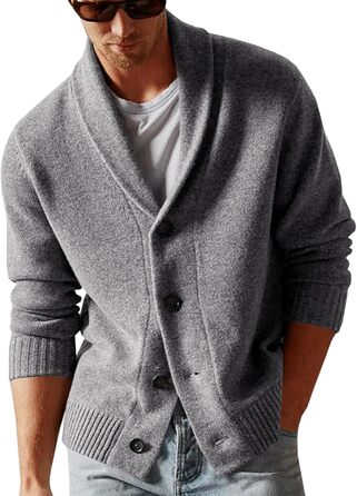 Чоловіча в'язана куртка Runcati з коміром-шарфом, стильна, на ґудзиках, зимова, з рельєфним в'язанням, груба в'язка (M, сіра)