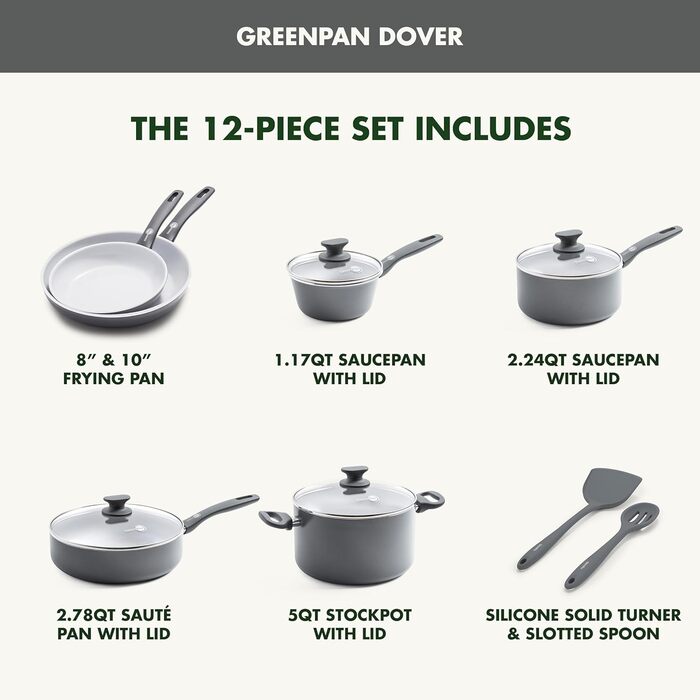 Набір кухонного посуду GreenPan Dover Ceramic Antihaft, 12 предметів, без PFAS, придатний для миття в посудомийній машині, комфортні ручки, кремово-білий