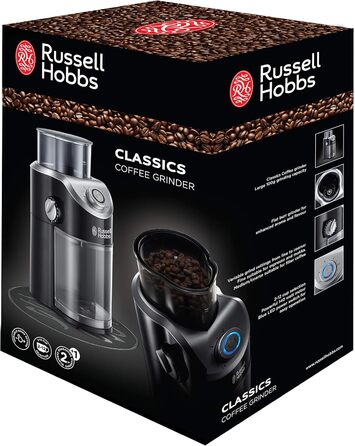 Електрична кавомолка Russell Hobbs Classics з дисковим жорном, регулюванням ступеня помелу (від порошкоподібного до грубого), для кавових зерен, горіхів, спецій, круп, об’єм 100 г, 23120-56, чорна