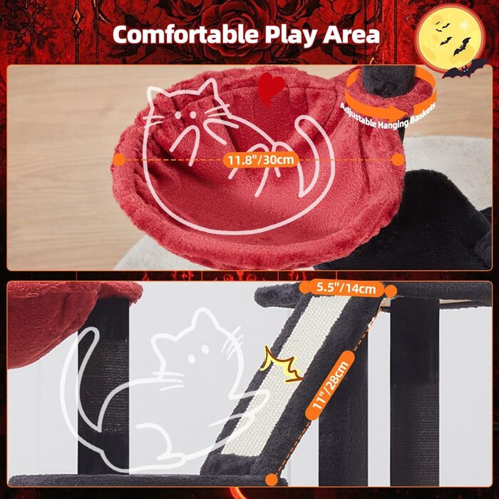 Драбина для котів Taoqimiao Klein, 98 см, з будиночком, корзиною, 4 стовпчиками для шліфування та іграшками, MS029SW (Чорний + Червоний)