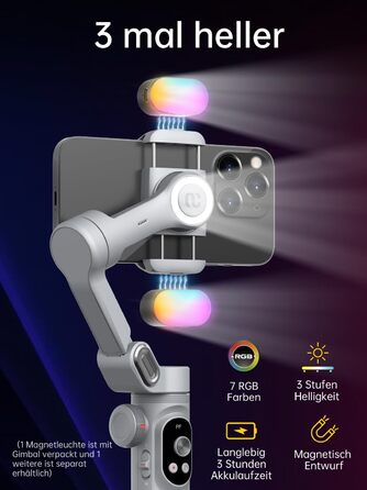 Стабілізатор для смартфона AOCHUAN 3-осьовий з RGB-підсвічуванням, для iPhone/Android, з функцією трекінгу обличчя, комплект Smart X Pro (Сірий)