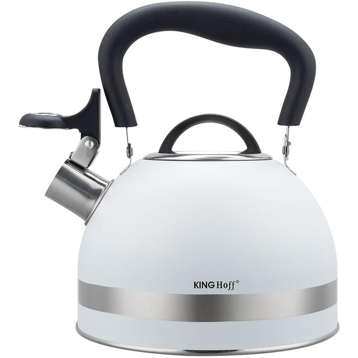 Чайник Kinghoff 1.8L з нержавіючої сталі з свистком, для індукційних плит, компактний, з нержавіючої сталі, матовий білий