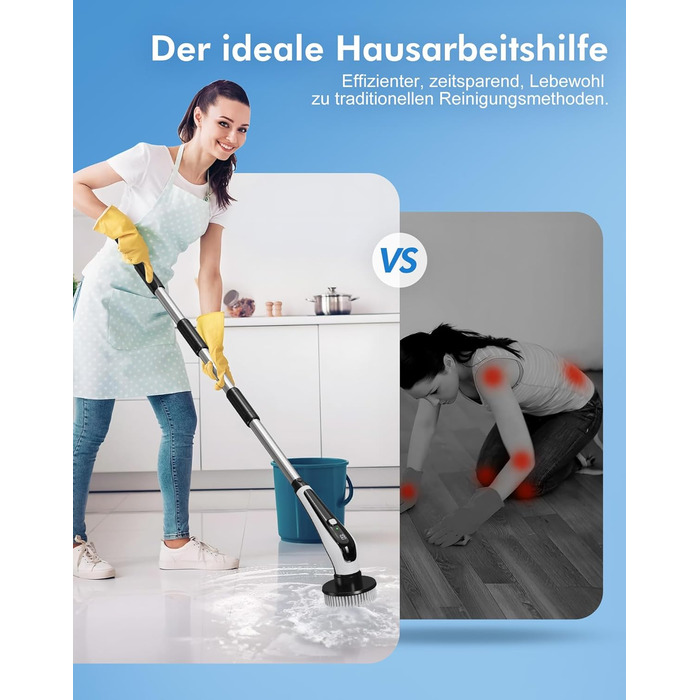 Електрична щітка для чищення з 9 насадок, щітка для швів, водонепроникна IPX8, електричний спін-скреббер з регульованою ручкою, 2 швидкості, для ванної кімнати, кухні, авто, біла+чорна