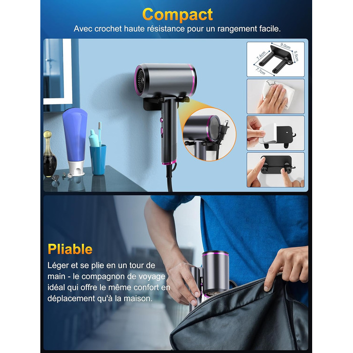 Фен Föhn 2400W з іонізацією, складний, для професійного та домашнього використання. Швидка сушка, гаряче/холодне повітря, мотор AC, дифузор, сумка (Сіро-фіолетовий)