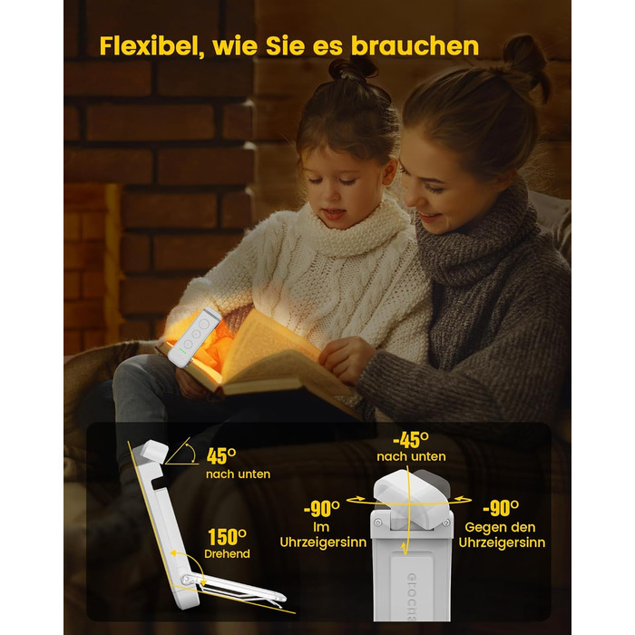 LED лампа для читання Glocusent з кріпленням, 3 кольори, 5 рівнів яскравості, акумулятор, для дітей (Altweiß)