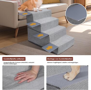Dog stairs, dog ramp, non-slip dog stairs 5 steps, washable dog bed ramp, pet stairs made of high-density sponge, for injured & older dogs, cats (pet stairs 4 steps, gray)