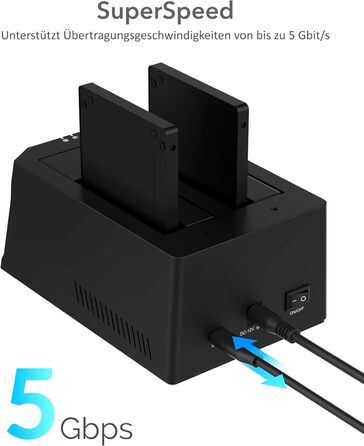 Док-станція Sabrent для 2 HDD/SSD 2.5'/3.5' з USB-C, 5Gbps, підтримка клонування, без інструментів (EC-CH2B)