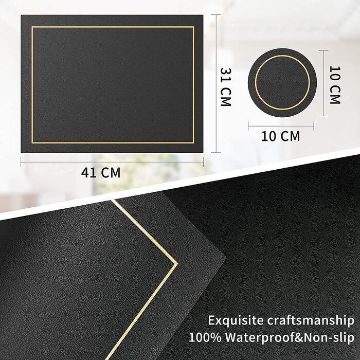 RIWNNI Placemats PU Leather 6-Piece Set, Placemats and Coasters Set, Washable Leather-Look Placemats, Waterproof Non-Slip Heat-Resistant Faux Leather Table Placemats, 41x31cm Table Mat, Light Gray