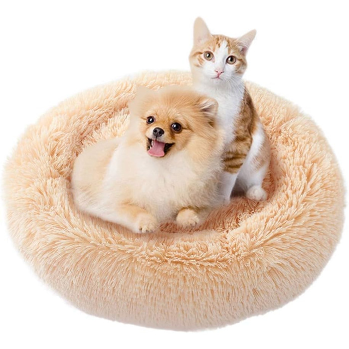 М'яке ліжко для собак та котів, кругленьке, плюшеве, миється, портативне, 50см, бежеве