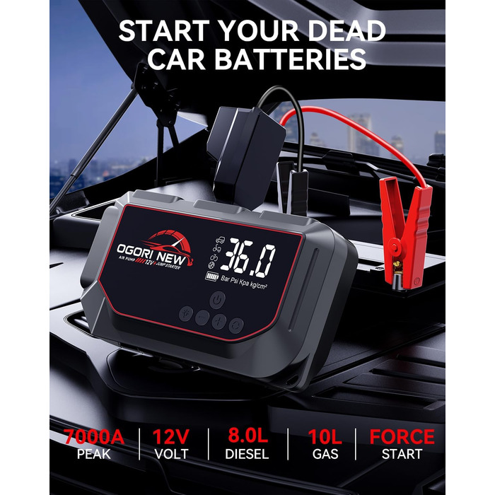 Портативний пусковий пристрій OGORI з компресором 150 PSI та LED-ліхтариком, 7000A, для автомобілів 12V (8L бензин/10L дизель)