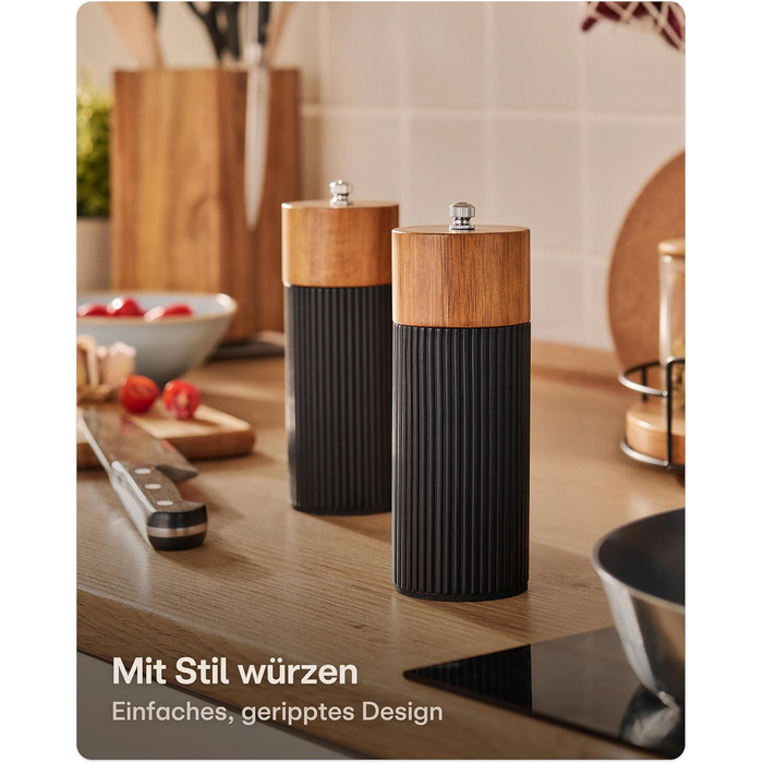 Набір для перцю та солі Praknu з дерев'яної акації з керамічним жорном - регулювання ступеня помолу, довговічний - дерев'яні млини для спецій - набір млинів для солі та перцю, чорний (маленький)