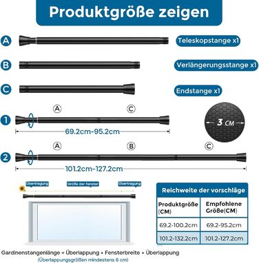 Штанга для штор без свердління AIZESI, 70-120 см, діаметр 22 мм, чорна, телескопічна, регульована