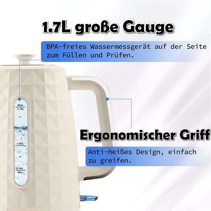 Електричний чайник 1.7л, 1850W, з автовимкненням та захистом від перегріву, для кави та чаю, Бежевий