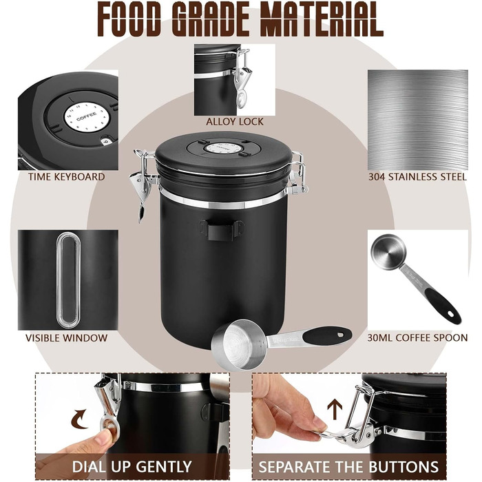 Контейнер для кави Royouzi, 1.8л, нержавіюча сталь, з ложкою, вакуумний, чорний