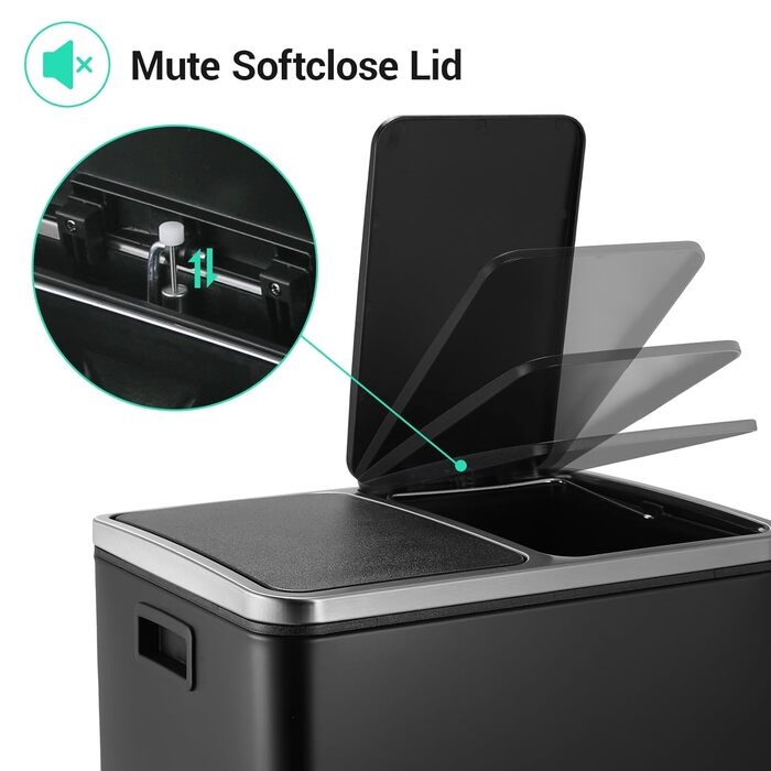Відро для сміття LIFERUN з двома відсіками, 2 x 15 літрів, металеве, з м'яким закриттям кришки, знімний внутрішній відро, ручки, відро з педаллю, для квартири, маленької сім'ї (Чорний)