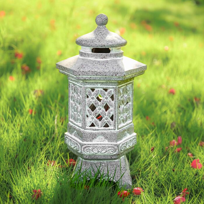 TERESA'S COLLECTIONS Outdoor Garden Decor Japanese Stone Lantern Pagoda Statue Solar Light Resin Garden Figure Zen Garden Decor for Outdoors Patio Yard Gifts for Women