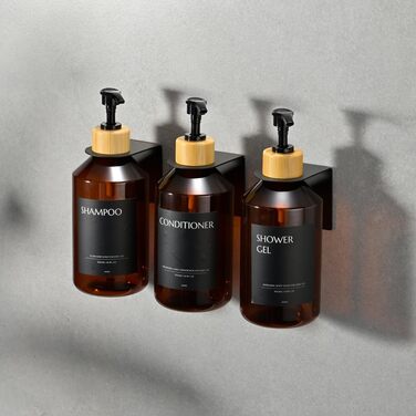 Набір з 3 дозатори мила для стін, 500 мл, флакони для шампуню та гелю для душу, чорний дозатор мила без свердління для кухні та ванної кімнати (коричневий флакон + чорний бамбуковий диспенсер)