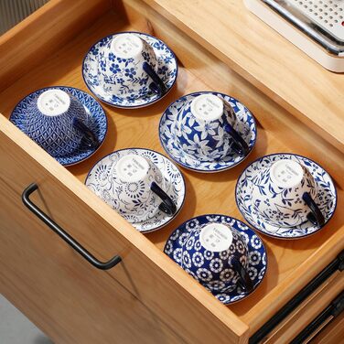 Набір кавових чашок капучіно Vancasso Selene 6 шт., 240 мл, блакитно-білий вінтажний дизайн, високоякісне фарфорове покриття, придатні для миття в посудомийній машині та використання в мікрохвильовій печі