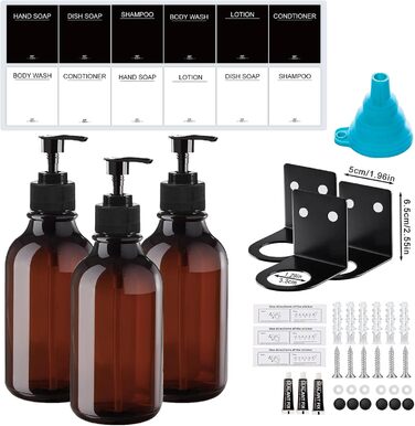 RISAKOGO Soap Dispenser Wall Mount No Drilling, 3-Piece Set 500ml Soap Dispenser Wall Brown Shampoo Dispenser Shower Dish Soap Dispenser Shampoo Dispenser for Kitchen Bathroom