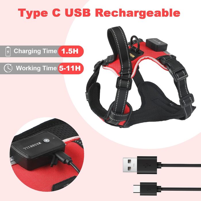 Нашийник для собак Masbri з підсвічуванням, регульований, світловідбиваючий з ручкою, м'який, світловідбиваючий для собак середніх та великих порід, чорно-білий, TC3005B, чорно-білий (M, червоний)