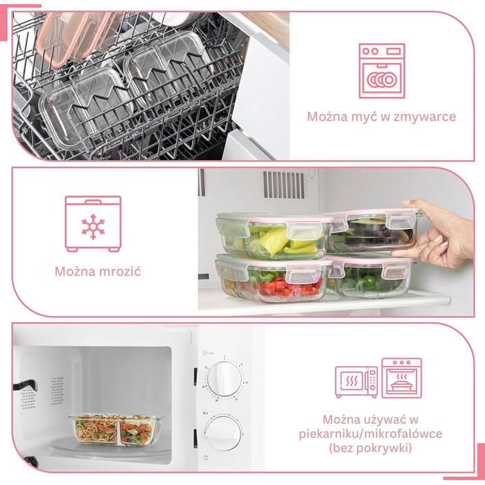 Контейнери для їжі Winter Shore скляні з 2 відділеннями (5 шт) - BPA-free, герметичні, для мікрохвильовки та морозилки (рожеві)