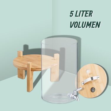 Диспенсер для напоїв Relaxdays, 8 л, бамбуковий підставник, термометр, прозорий посуд для пуншу, холодних та гарячих напоїв