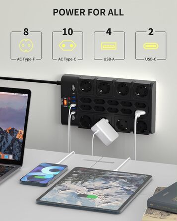Многорозетка на 18 розеток з USB (4 USB-A, 2 USB-C), мережевий фільтр, 3680W, 2100J, 2 м кабель, для офісу та дому