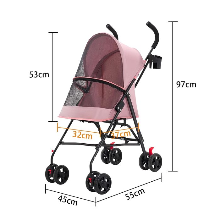 Візок для собак Homewell 2в1, прогулянковий візок для тварин з підсклянниками, переноска для собак, складаний, з гальмом та захистом від дощу, візок-джерсі для домашніх тварин (Рожевий)