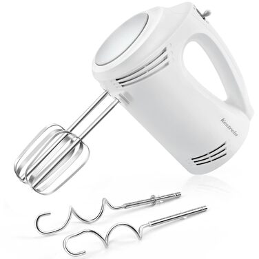 Ручний міксер 350 Вт, 5 швидкостей, з нержавіючої сталі (віночок та гак), ергономічна ручка, довгий кабель, BPA-free – білий KS1 S1