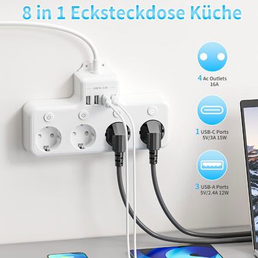 Багатофункціональна мережа роз'ємів 9 в 1 з вимикачем, USB-роз'єм 5-fach, кабель 2м, кутова мережа роз'ємів, чорний колір, індивідуальне вимкнення, для кухні та робочого столу (4 розетки, настінний монтаж)