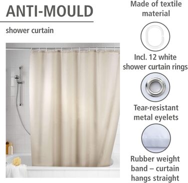 Штора для душу WENKO Anti-Schimmel, текстильна, антигрибкова, водонепроникна, з кільцями, 180x200 см, бежева