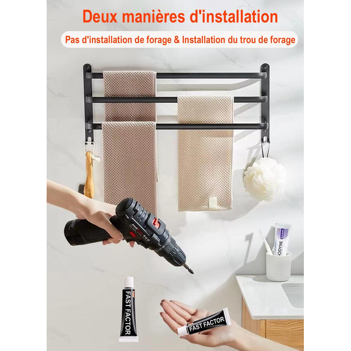 Тримач для рушників, гачок для рушників, аксесуари для ванної кімнати, чорний, 60 см