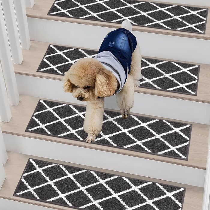 Комплект килимків для сходів COSY HOMEER (15 шт.), 70 x 22 см, антиковзаючі, самоклеючі, машинне прання, 100% поліестер, TPE-підкладка, для дітей, літніх людей та домашніх тварин, чорно-білі