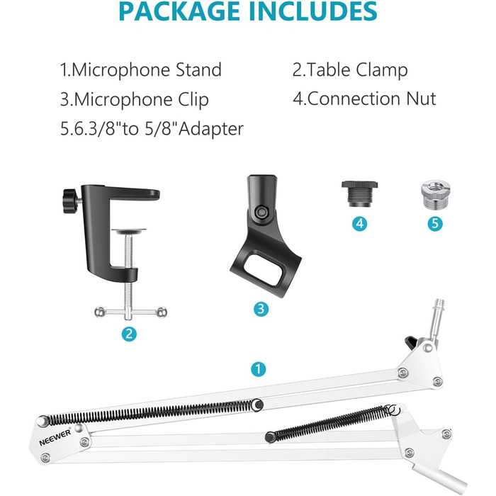 NEEWER Регульований мікрофонний стійка з підвісом, максимальне навантаження 1 кг, для радіо, телебачення, студійного запису та подій, сумісний з Blue Yeti Snowball Yeti X (білий)