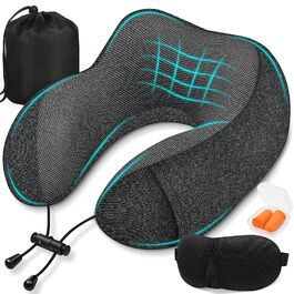 Подушка для подорожей під шию з ефектом пам'яті (Memory Foam) з маскою для сну 3D та берушами, сіра — ідеальна для літака, авто та офісу