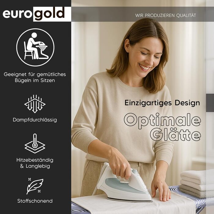 Прасувальна дошка EUROGOLD® Premium 120x42 см з підставкою для праски - стабільна, регульована по висоті, з покриттям з 100% бавовни сірого кольору