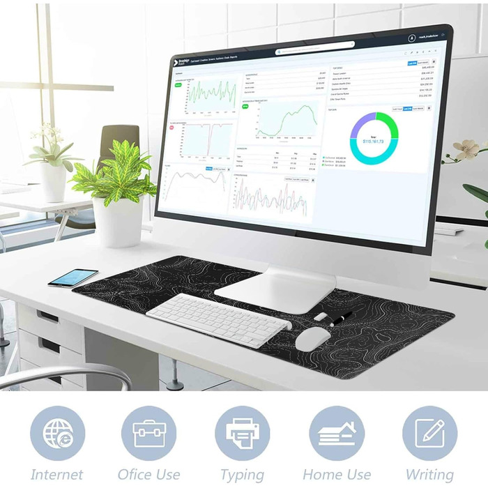 Великий килимок для миші AQQA (88,9 x 43,2 см) з топографічною картою, для геймінгу, офісу та ноутбука, чорний