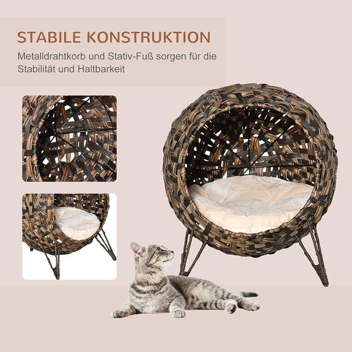 PawHut Rattan Cat House with Cushion, Cat Sleeping Place, Cat Cave with Raised Feet, Natural Ø52 x 58 cm (Brown)