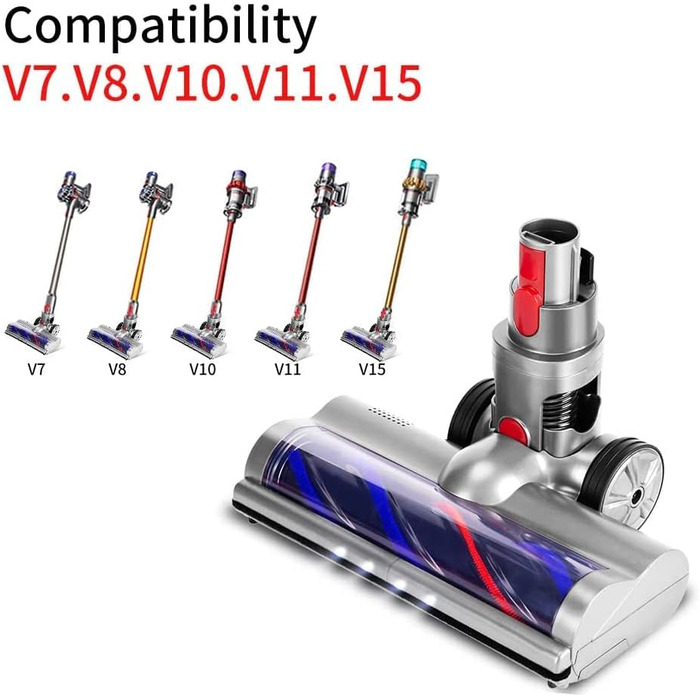 Насадка для пилососа Dyson V7, V8, V10, V11, V15 з прямим приводом та 4 світлодіодами, для твердих поверхонь та килимових покриттів
