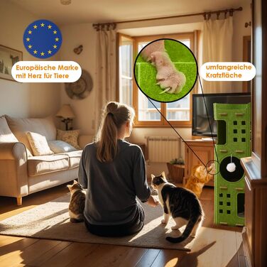 Котяча кігтеточка преміум-класу з 4 ярусами та 3 будиночками, філц, 90 см, зелена