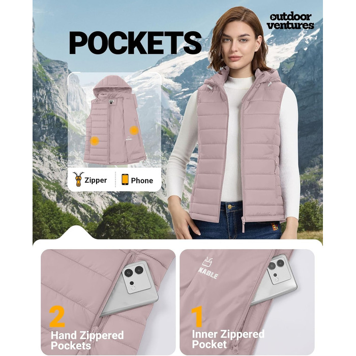 Стьобана жилетка Outdoor Ventures для жінок з капюшоном: тепла спортивна жилетка для походів, кемпінгу та їзди на велосипеді (Рожева, L)