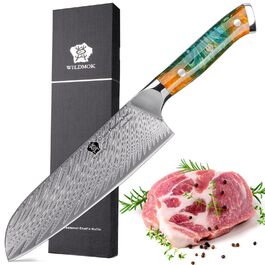Японський кухонний ніж Santoku WILDMOK 17 см з дамаської сталі VG10, жовтий ергономічний руків'я для дому та ресторану