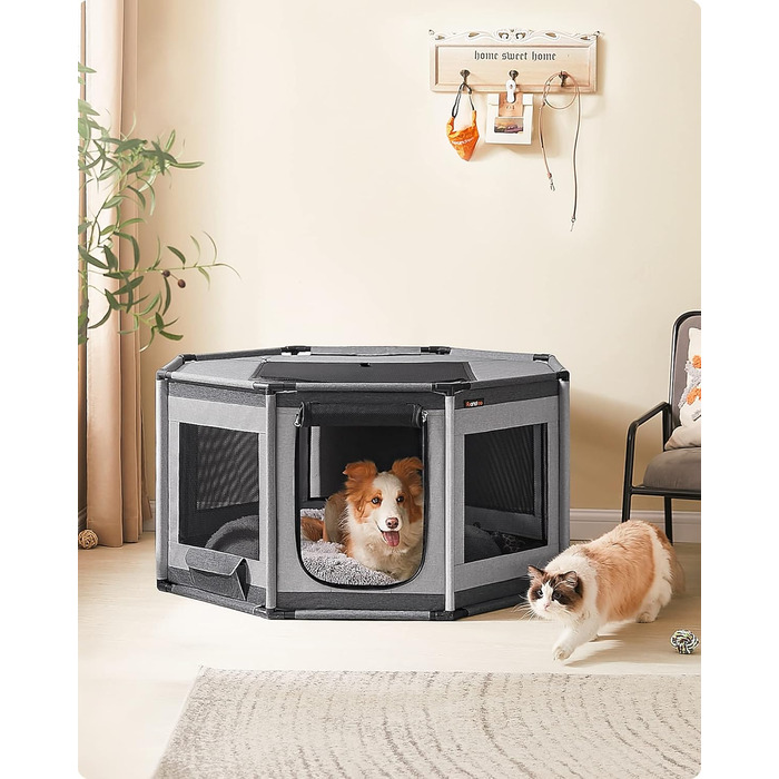 Клітка для цуценят Feandrea Oxford, восьмикутна, велика, 112 x 112 x 76 см, з PVC-каркасом, дихаюча сітка, з кишенею, сіро-сіра, PDC006G01