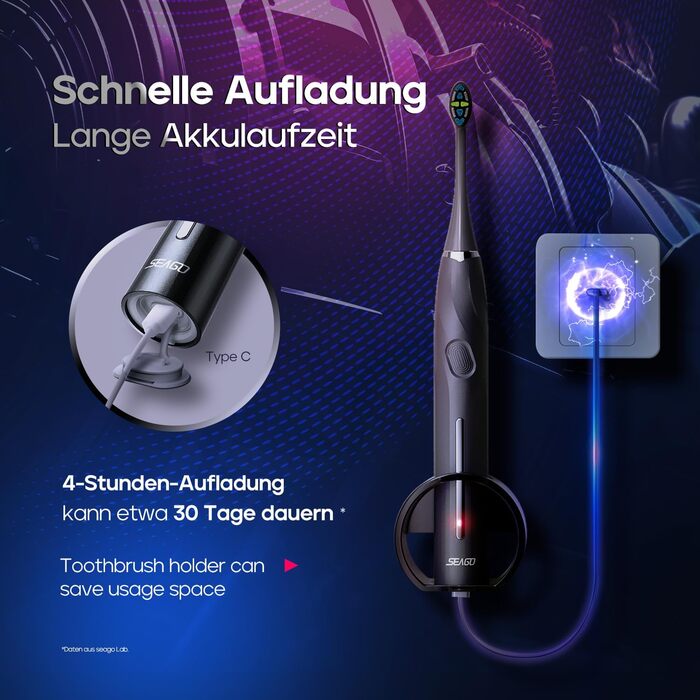 Електрична зубна щітка Seago з датчиком тиску, 40000 VPM, 8 насадок, 5 режимів, звукова, з підставкою, чохол, для дорослих, SG-2752 (Чорний)