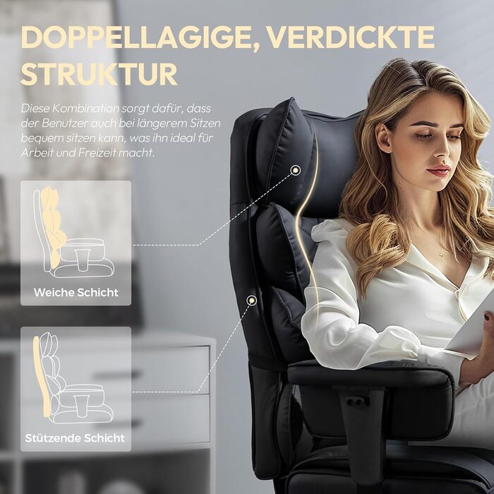 Ігровий крісло Dowinx, ергономічний офісний крісло з кишеньковим пружинним подушками, крісло для начальника з двошаровою м'якою спинкою та регульованою поперековою подушкою, підлокітниками та підставкою для ніг, PC крісло (Чорний, PU)